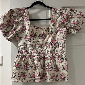 Smocked Waist Puff-Sleeve Floral Top — Cream with Pink Roses